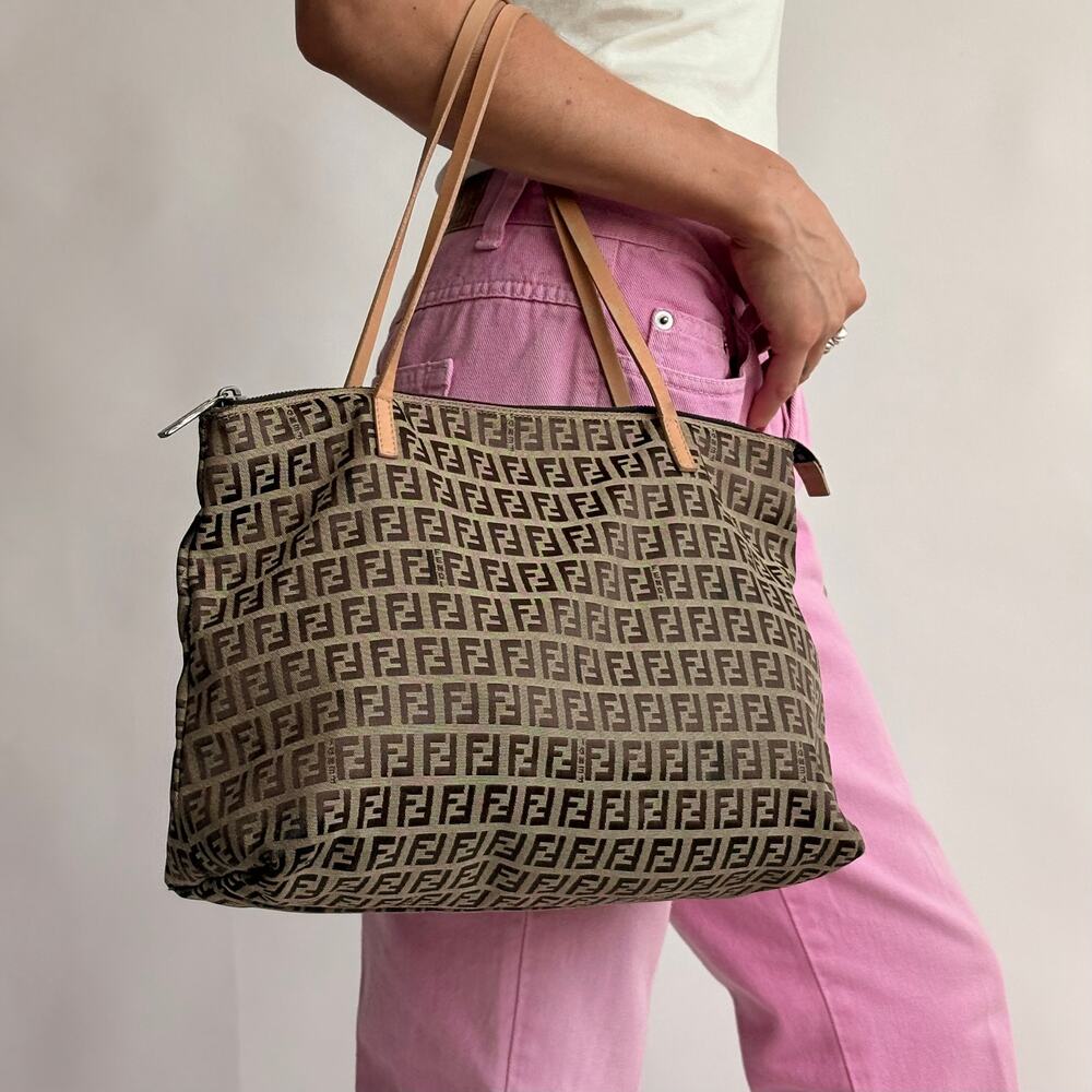 Vintage Fendi Brown and Tan Zucchino Canvas Tote - Early 2000s